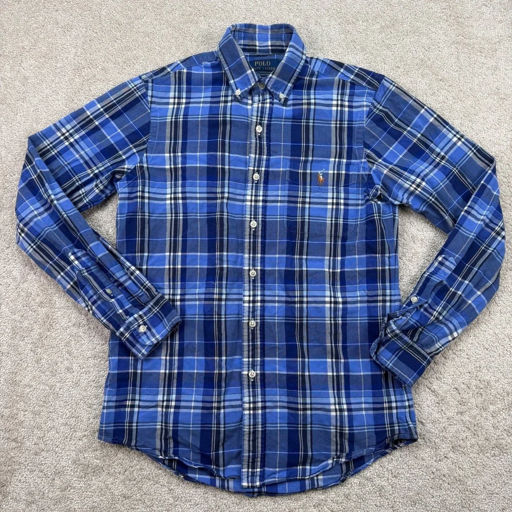 Polo Ralph Lauren Mens Small Shirt Blue Plaid Classic Fit Button Down